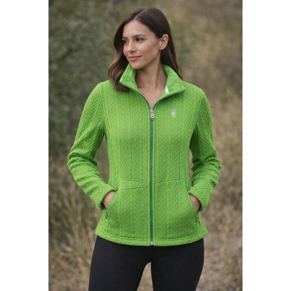 Spyder Women’s Neon Green Major Cable Stryke Full Zip Fleece Sweater sz M Skiing